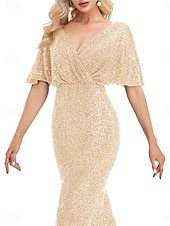 economico BLU-Abiti da festa per quindici anni sirena  tromba abito elegante formale da matrimonio lunghezza a terra maniche corte scollatura a V poliestere con glitter