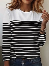 ieftine Tricou cu dungi și geometric-Pentru femei Tricou Dungi De Bază Manșon Lung Rotund Topuri obișnuite Zilnic Sfârșit de săptămână Imprimeu Negru Alb Roșu-aprins Albastru piscină Gri Toamna iarna