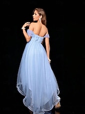 abordables Robes Longues &amp; Gowns-Robes de Quinceañera A-Line Robe Élégante Robe Formelle Mariage Asymétrique Sans Manches Off Shoulder Tulle dos nu avec Plis