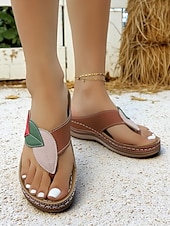 billige Komfortsandaler-Kilesandaler med fargeblokkmønster i bladdesign til dame – myke slip-on-flip-flops for hage, brunsj og sommerturer
