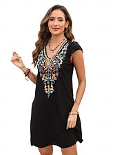 ieftine Rochii Boho-Pentru femei Rochie Mini Rochie casual Modă Modern Rochie eleganta Beretă Nuntă Zilnic Dată Fit regulat Floral Broderie Fără manșon În V Negru Roșu-aprins Mov Vară