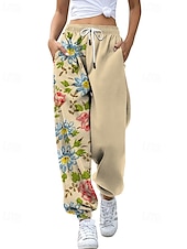 abordables pantalones cargo de mujer-Mujer pantalones Corte Recto Ropa de calle Casual Longitud total Cintura Media Flor Bolsillo Estampado Diseño de cordón elástico Al Aire Libre Cómodo Exterior Noche Gris Amarillo Rosa Verde Ejército