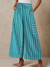 abordables pierna ancha y cintura alta-Mujer Perneras anchas Chinos Moda Ropa de calle Longitud total Alta cintura A Rayas Bolsillo Cintura elástica Estampado Confortable Suave Cómodo Microelástico Exterior Calle Azul Naranja Marrón Verde