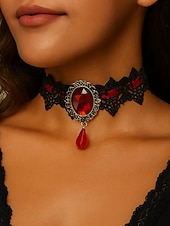 abordables Collier pour femme-Collier ras du cou gothique en dentelle pour femme avec pendentif en pierre rouge, bijou vintage en velours noir pour fête d&#039;Halloween et cosplay costumé