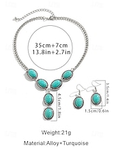 economico Collana da donna-Set di gioielli da donna in turchese – collana con ciondolo ovale vintage placcato argento e orecchini pendenti per stile boho, festival estivi e feste in spiaggia