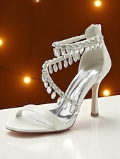 preiswerte Cocktail-Weiße Damensandalen mit Stilettoabsatz, offene Abendschuhe mit Kristallfransenriemen für formelle Anlässe und Abendpartys
