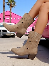 billiga Cowboy &amp; Western Boots-damstövlar i westernmocka med stjärnutskurna klackar – retrostövlar med grov klack i cowboystil för musikfestivaler, rodeos och vardagliga outfits