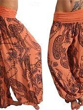 baratos perna larga e cintura alta-Mulheres Calças Calças Harem Calça Palazzo Moda Boho Comprimento total Cintura Média Imprimir Cintura elástica Confortável Micro-Elástica Rua Roupa Diária Para Noite Preto Amarelo Vermelho Azul