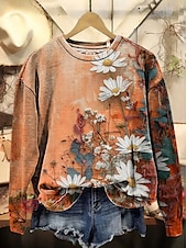 billige Boho topper-Dame Genser med genser Blomstret Grafisk Fritid Langermet Crew-hals Vanlige topper Gate Hverdag Avslappet Trykt mønster Svart Rosa Blå Oransje Grå Vår Høst Vinter