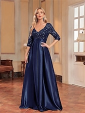 cheap BLACK-A-Line Quinceanera Dresses Elegant Dress Formal Wedding Floor Length Long Sleeve V Neck Polyester with Sequin