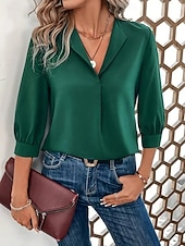 abordables Blusas Sencillas-Mujer Blusa Color sólido Elegante Básico Casual Manga 3/4 Cuello Camisero Tops regulares Oficina Trabajo Negro Vino Verde Trébol Verano Primavera Otoño