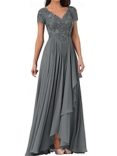 abordables Longueur du plancher-Ligne A Robe de Mère de Mariée  Élégant Simple Col en V Longueur au sol Chiffon Manche Courte avec Couleur Unie 2025