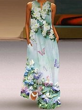 abordables Robes fleuries-Femmes Robe maxi Robe d&#039;Été Robe trapèze Robe d&#039;été Vacances Occasionnel Boho Fête Coupe Ample A Ombre Fleuri Graphique Sans manches Col en V Encolure en V Aqua bleu Vert cendré Lilas Été Printemps