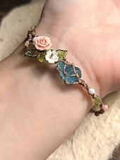 economico Bracciale da donna-Bracciale da donna fatto a mano con pietre preziose floreali – perline di cristallo naturale, stile boho regolabile, ideale per abbigliamento casual, regali e outfit ispirati alla natura