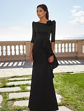 preiswerte ROT-rot-grünes A-Linien-Abendkleid, elegantes Kleid für formelle Hochzeitsgäste, bodenlang, 3/4-Ärmel, U-Boot-Ausschnitt, Tasche, Stretch-Satin mit Rüschen, 2025