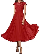 billiga Te Längd-A-linjeformad bröllopsfestmammas klänning elegant enkel krage ankellängd chiffon kort ärm med veck solid färg