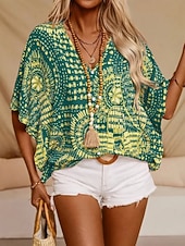 cheap Floral Blouses-Women's Blouse Print Floral Graphic Bohemia Vintage Casual 3/4 Length Sleeve V Neck Regular Tops Daily Black Red Orange Green Summer Spring Fall