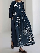 preiswerte Blumenkleid-Damen Midikleid Sommerkleid A Linie Kleid Urlaub Lässig Strand Ferien Lässiger Schnitt Blumen Grafik Langarm Rundhalsausschnitt U-Boot-Ausschnitt Marineblau Khaki Dunkelgray Sommer Frühling Herbst