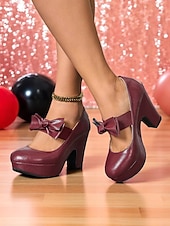 abordables Années 1950-Escarpins Mary Jane bordeaux à plateforme et nœuds pour femme – Chaussures rétro à talons hauts épais des années 1950 pour fêtes, cosplay et tenues d&#039;inspiration vintage