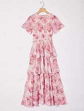 abordables Robes décontractées-Robe longue décontractée pour femme, tenue de soirée, col en V, manches courtes, coupe trapèze, imprimé floral, volants superposés, tenue de tous les jours, jupe gâteau, taille ajustée, robe longue
