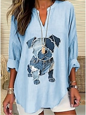 preiswerte Kunst &amp; Design Blusen-Damen Bluse Leinenoptik Atmungsaktiv Leicht Tunika V-Ausschnitt Langarm Boho Lässig Sommer Tops Grafik Tier Katze Vintage Tropisch Reguläre Tops Alltag Druck Schwarz Weiß Blau Himmelblau