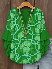 billige Blomstrete topper-Dame Bluse Blomstret Grafisk Elegant Daglig Fritid 3/4 ermer V-hals Vanlige topper Daglig Ferie Trykt mønster Gul Rød Blå Lilla Grønn Sommer Vår Høst