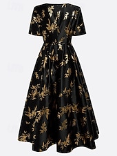 economico Abiti da cocktail-Abiti da cocktail A-line bianchi e in oro abito elegante formale per matrimoni lunghezza tè maniche corte scollo barca satin con stampa