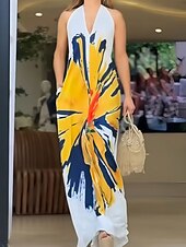 abordables Robes Floraux Imprimés-Femmes Robe Longue Maxi Robe Robe Imprimée Classique Moderne Extérieur Vacances Sortir Coupe régulière Fleur Sans manches Col Halter Blanche Été