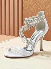 preiswerte Cocktail-Weiße Damensandalen mit Stilettoabsatz, offene Abendschuhe mit Kristallfransenriemen für formelle Anlässe und Abendpartys