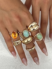 billige Kvinneringer-Damesett med vintage edelstener i gull – sett med flere statement-ringer med klumpete tekstur og fargerike harpiks-edelstener, egnet for kontor, vintage-mote, fest og hverdagsstil