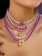 cheap Women&#039;s Necklace-Women&#039;s Colorful Beaded Layered Necklace Set – Boho Evil Eye, Pearl, and Charm Accents – Adjustable Summer Jewelry for Teens and Young Women – Ideal for Beach, Festivals and Casual Wear