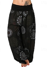 baratos perna larga e cintura alta-Mulheres Calças Calças Harem Calça Palazzo Moda Boho Comprimento total Cintura Média Imprimir Cintura elástica Confortável Micro-Elástica Rua Roupa Diária Para Noite Preto Branco Amarelo Rosa claro