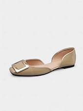 tanie Buty na płaskim obcasie damskie-damskie czarne lakierowane baleriny ze złotą klamrą, elegancki kwadratowy nosek, buty wsuwane do biura i na co dzień
