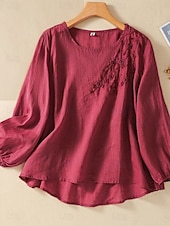 abordables Chemises-Femmes Chemise Chemisier Chemises en coton et lin Couleur Unie Basique Occasionnel manche longue Col ras du cou Hauts Réguliers Quotidien Broderie Blanche Rose Claire Fuchsia Vert Été Printemps