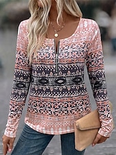 economico T-shirt Boho-Per donna Maglietta Ombre Gradiente di Colore Elegante Moderno Casual Manica Lunga Scollo a V Top Regolari Quotidiano Weekend Cerniera Stampato Rosa Blu Estate Primavera
