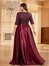 economico ROSSO-A-Line Taglie Forti Abiti Elegante Curve Abito Formale Matrimonio Lunghezza Piena Manica Mezza V Collo Poliestere con Pieghe 2025