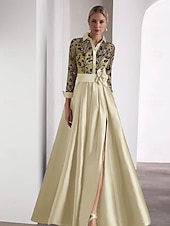 cheap GREEN-Green Blue  Embroidered A-Line Evening Gown Elegant Dress Formal Wedding Guest Floor Length Long Sleeve Shirt Collar Satin with Glitter Slit 2025