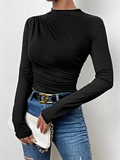 preiswerte Einfarbiges T-Shirt-Damen Bluse Einfarbig Elegant Stilvoll Basic Langarm Rundhalsausschnitt Normale Oberteile Täglich Gerafft Schwarz Weiß Braun Hellgrau Aprikose Sommer Frühling