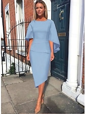 preiswerte Teelänge-Sheath Kleid der Mutter der Braut Hochzeitsgast Elegantes Einfaches Plus Size Juwel Dekolleté Asymmetrisch Knie Länge Charmeuse Halblange Ärmel mit Stufen kostenlose Sondergröße