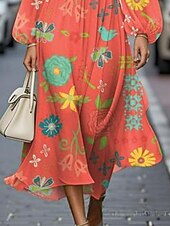 abordables Robes Floraux Imprimés-Femmes Robe Midi Robe Décontractée Robe Imprimée Élégant Mode Extérieur Soirée Fête Coupe régulière Fleur manche longue Col en V Orange Été Printemps