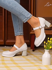 abordables Retro de los años 50-Tacones Mary Jane mod de los años 50 para mujer: zapatos retro de tacón grueso con punta redonda en azul y blanco con correa para atuendos vintage, fiestas de té o uso diario.