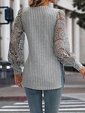 cheap Lace Tops-Women&#039;s Lace Splicing Top Solid Color Stylish Casual Long Sleeve V Neck Regular Tops Daily Lace Patchwork Gray Summer Spring