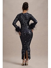 economico BLU-Abito da Sera Sirena  Tromba Elegante Abito Formal Semi Formale Gala Dress Matrimonio Lunghezza Piena Manica Lunga Collo Giro Stretch Paillettato con Maniche in Piuma