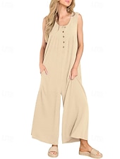 olcso alkalmi kombiné-Női Szabályos Jumpsuitek Utcai sikk Tömör szín Ujjatlan U-alakú Gombok Zseb Utca Napi Normál Fekete Sötétkék Medence Nyár
