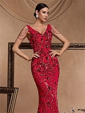 abordables ROJO-Vestidos de quinceañera de sirena/trumpet vestido elegante boda invitada de boda larga sin mangas con cuello de pico poliéster sin espalda con lentejuelas