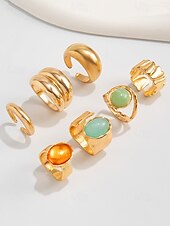 billige Kvinneringer-Damesett med vintage edelstener i gull – sett med flere statement-ringer med klumpete tekstur og fargerike harpiks-edelstener, egnet for kontor, vintage-mote, fest og hverdagsstil