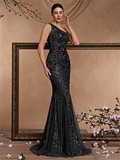 cheap BLACK-Mermaid / Trumpet Quinceanera Dresses Elegant Dress Formal Wedding Floor Length Sleeveless One Shoulder Polyester with Sequin 2025