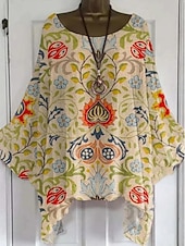 cheap Floral Tops-Women&#039;s Boho Shirt Floral Graphic Elegant Bohemia Active Short Sleeve Batwing Sleeve Boat Neck Regular Tops Daily Holiday Beach Wear Yellow Pink Blue Khaki Beige Summer Spring