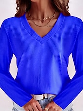 voordelige Dames eenvoudige tops-Dames Blouse Effen Kleur Basic Casual Lange mouw V-hals Normale tops Dagelijks blauw Fuchsia Licht Blauw Zomer Lente
