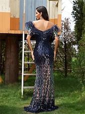 ieftine albastru-Trompetă / Sirenă Rochii de Quinceanera Elegant Rochie Oficial Nuntă Lungime Podea Manșon scurt De Pe Umăr Polyester Fără Spate cu Paiete Volane 2025